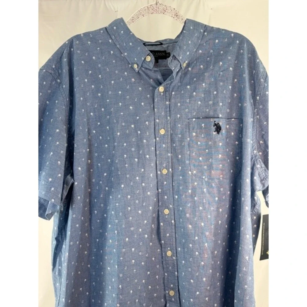 U.S. Polo Assn. Mens 2XL Light Blue Palm Tree Anchor Tropical Summer Woven Shirt